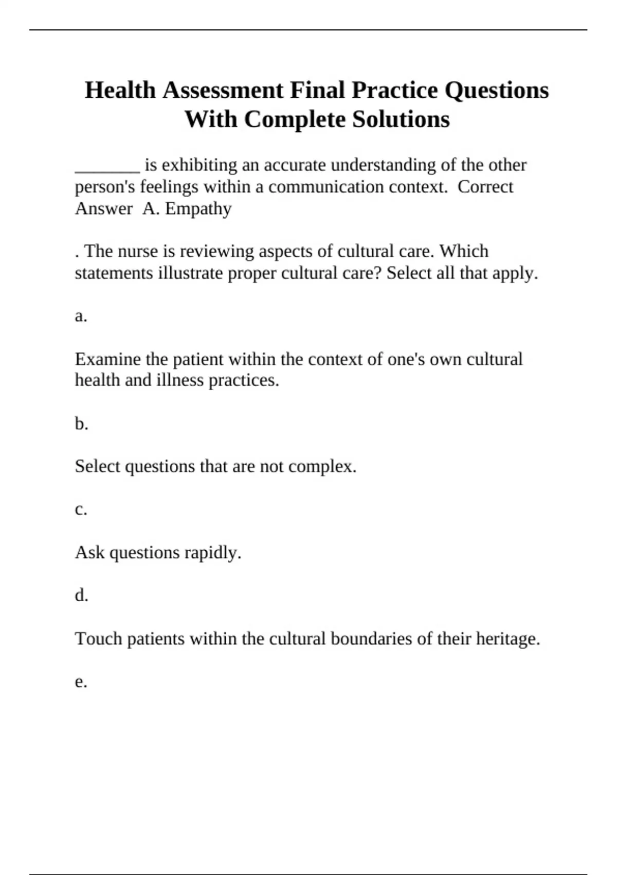 Health Assessment Final Practice Questions With Complete Solutions ...