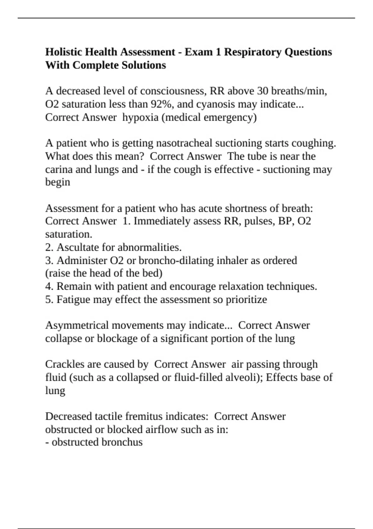 Holistic Health Assessment - Exam 1 Respiratory Questions With Complete ...