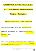 NUR2459 / NUR 2459: Final Exam (Latest 2021 / 2022) Mental & Behavioral Health Nursing - Rasmussen UPDATED
