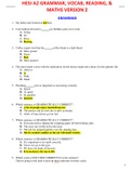 HESI A2 GRAMMAR, VOCAB, READING, &MATHS VERSION 2 Questions and Answers