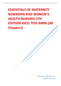 ESSENTIALS OF MATERNITY NEWBORN AND WOMEN’S HEALTH NURSING 5TH EDITION RICCI TEST BANK (All Chapters)