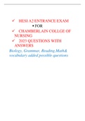 HESI A2 ENTRANCE EXAM   FOR  CHAMBERLAIN COLLGE OF  NURSING   2023 QUESTIONS WITH  ANSWERS Biology, Grammar, Reading,Math& vocabulary 