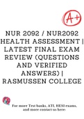 NUR 2092 &sol; NUR2092 Health Assessment &vert; LATEST Final Exam Review &lpar;Questions and verified Answers&rpar; &vert; Rasmussen College