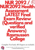 NUR 2092 &sol; NUR2092 Health Assessment &vert; LATEST Final Exam Review &lpar;Questions and verified Answers&rpar; &vert; Rasmussen College