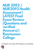 NUR 2092 &sol; NUR2092 Health Assessment &vert; LATEST Final Exam Review &lpar;Questions and verified Answers&rpar; &vert; Rasmussen College