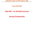 HESI EXIT 2022 V5 WITH QUE & ANS latest 2022/2023 HESI INET - For RN HESI Exit Exam Nursing Preceptorship
