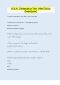 U&period;S&period;A&period; Citizenship Test &lpar;100 Civics Questions&rpar; &vert; Questions with 100&percnt; Correct Answers &vert; Verified &vert; Updated 2023