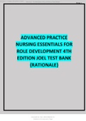 ADVANCED PRACTICE NURSING ESSENTIALS FOR ROLE DEVELOPMENT 4TH EDITION JOEL TEST BANK {RATIONALIZED QUESTIONS AND ANSWERS}.
