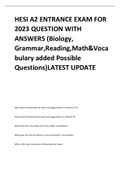 HESI A2 ENTRANCE EXAM FOR  2023 QUESTION WITH  ANSWERS (Biology,  Grammar,Reading,Math&Voca bulary added Possible  Questions)LATEST UPDATE