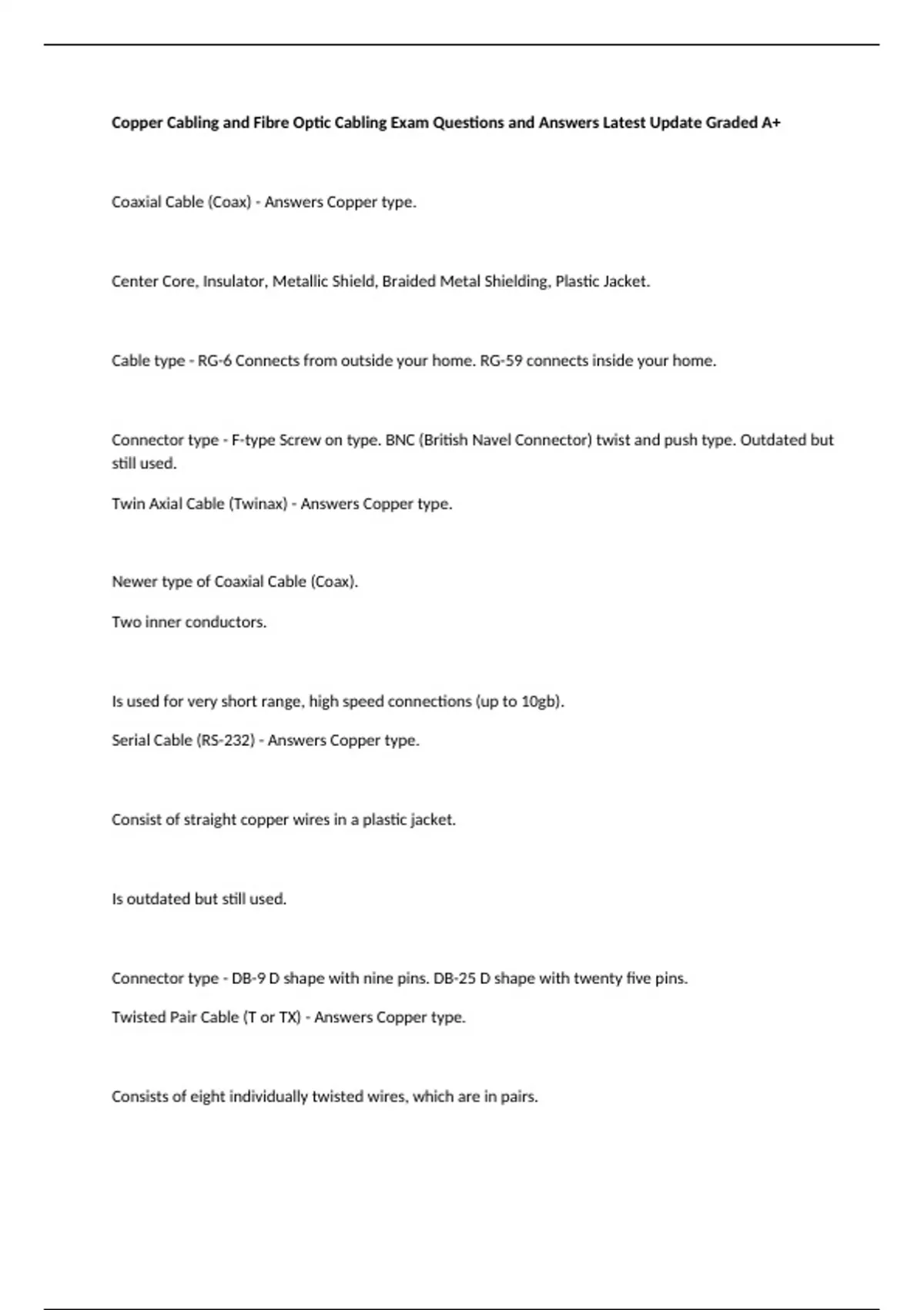 Copper Fiber Cable Worksheet.pdf Copper Cabling and Fibre Optic Cabling Exam Questions and Answers ...