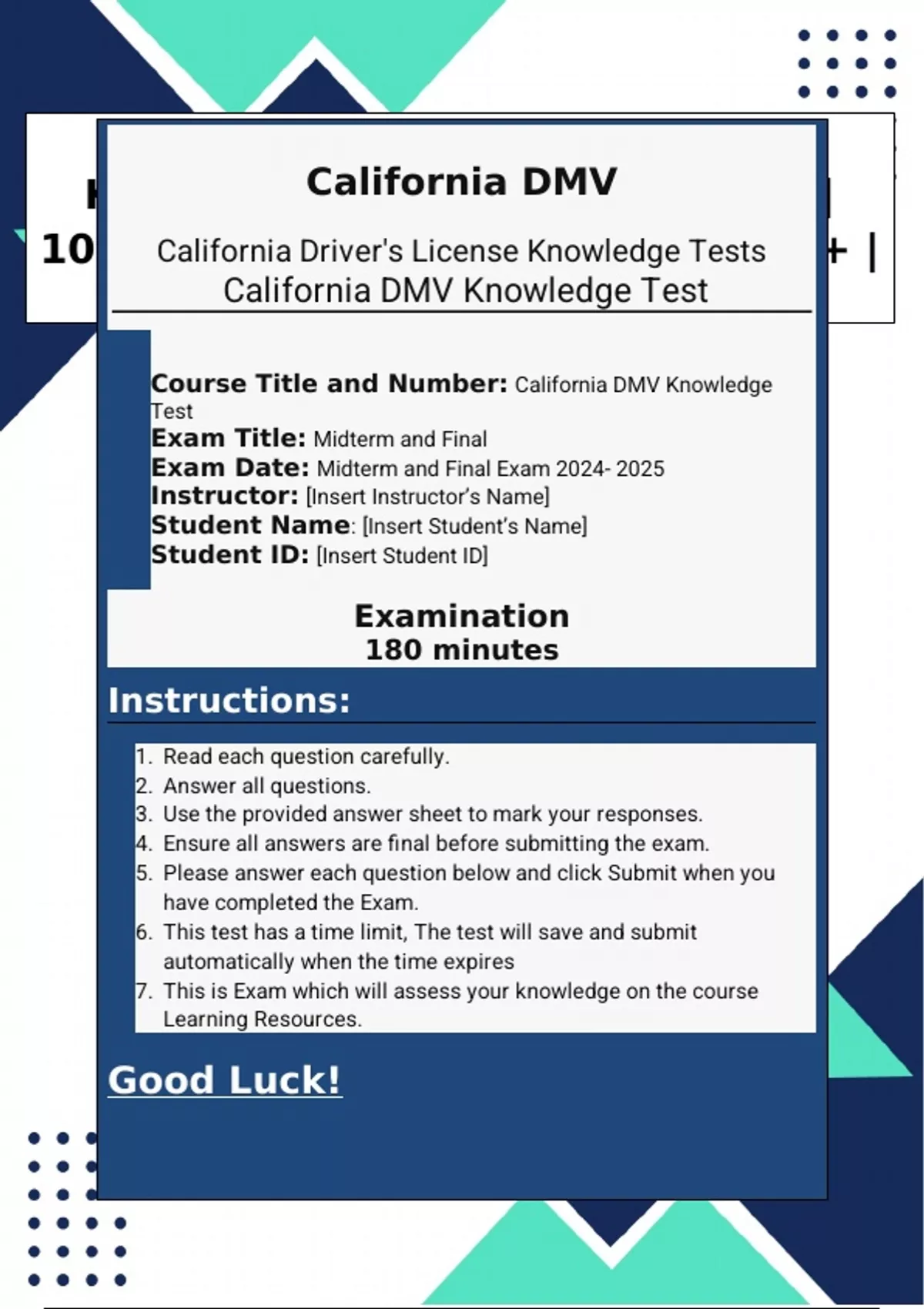 Dmv Elearning Course California California Driver' License DMV Knowledge Test | Review Test 2 | 100% ...