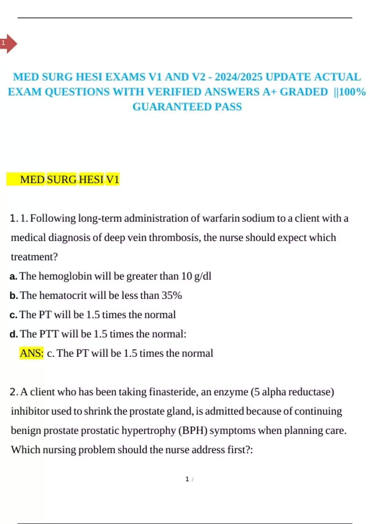 MED SURG HESI Exams V1 And V2 - 2026/2027 Update Actual Exam Questions ...