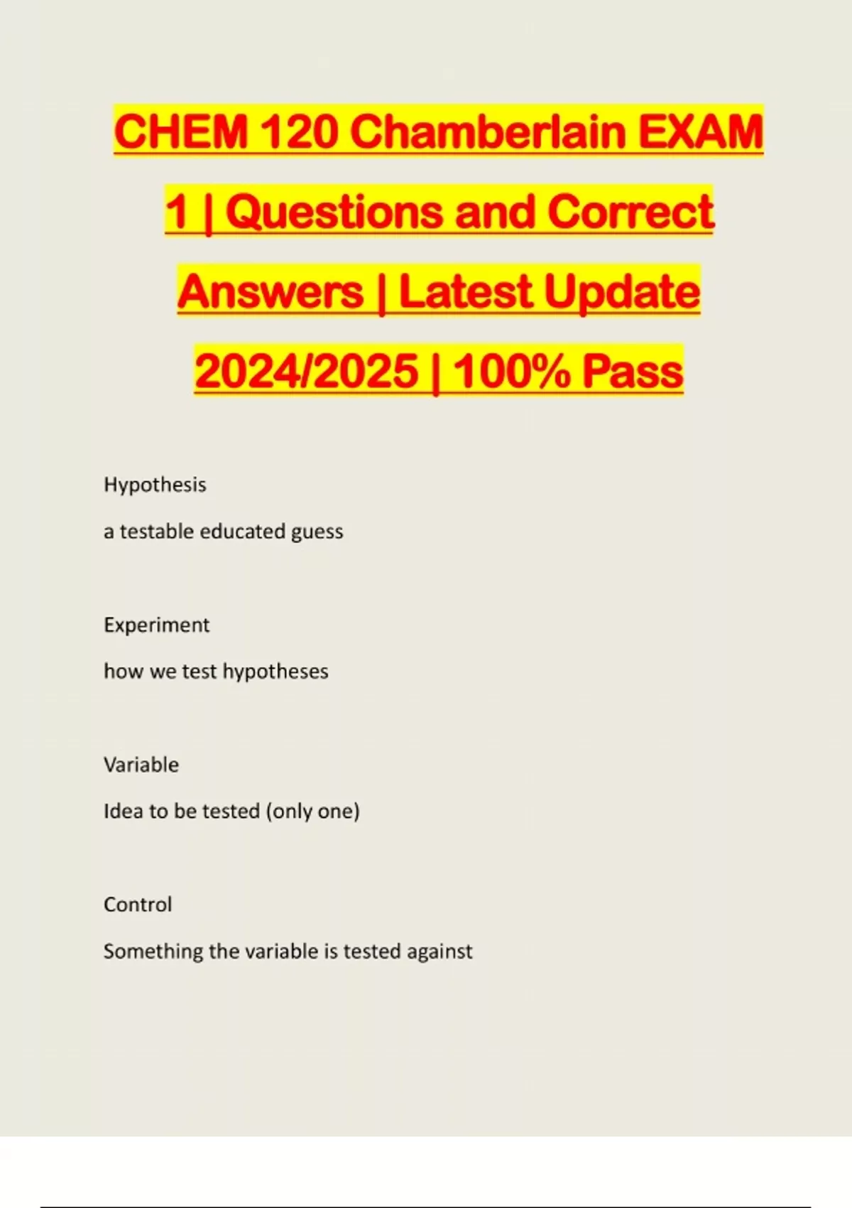 Chem 120 Chamberlain Exam 1 Questions And Correct Answers Latest