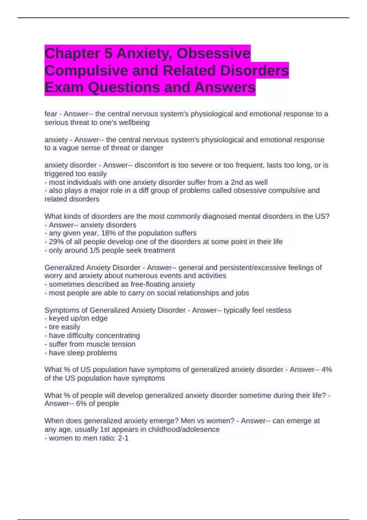Chapter 5 Anxiety, Obsessive Compulsive and Related Disorders Exam ...