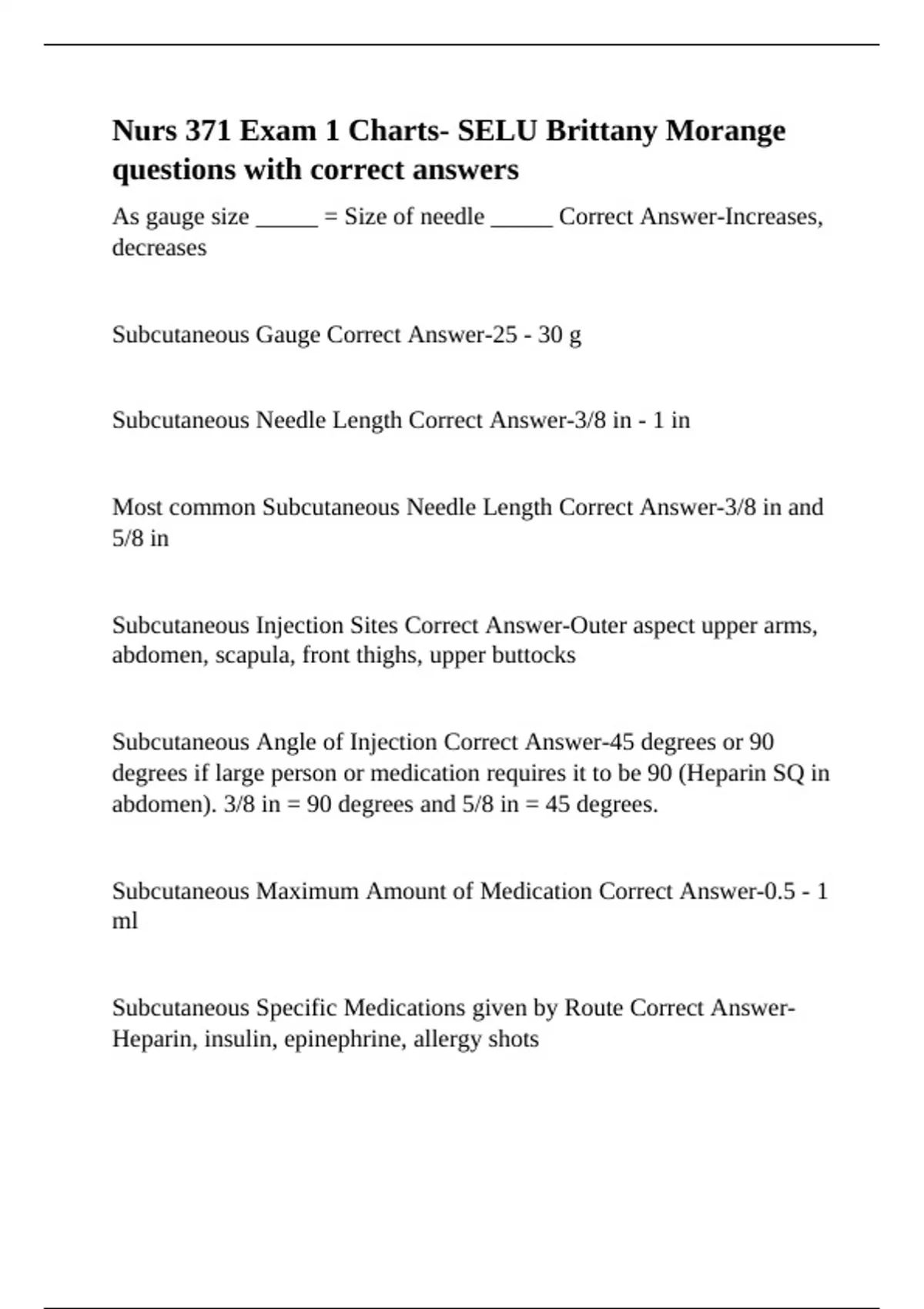 Nurs 371 Exam 1 Charts- SELU Brittany Morange questions with correct ...