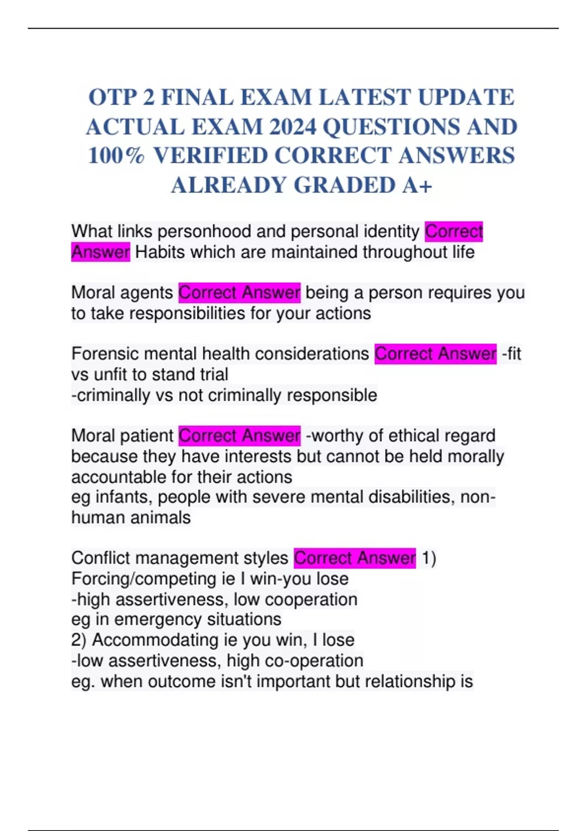 OTP 2 FINAL EXAM LATEST UPDATE ACTUAL EXAM 2024 QUESTIONS AND 100% ...