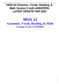 HESI A2 Grammar, Vocab, Reading, & Math Version 2 (with ANSWERS) LATEST UPDATE FOR 2023