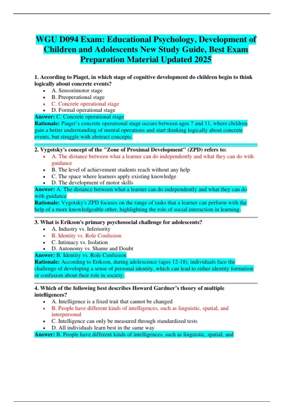WGU D094 Exam: Educational Psychology, Development of Children and ...