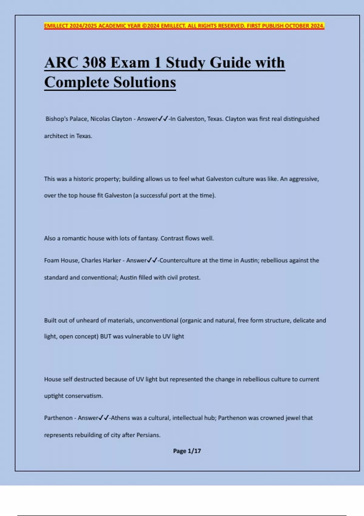 ARC 308 Exam 1 Study Guide with Complete Solutions - ARC 308 - Stuvia US