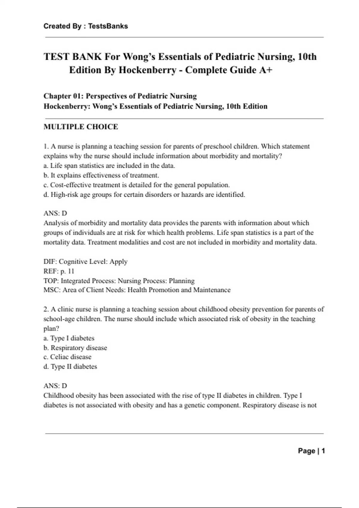 TEST BANK For Wong’s Essentials of Pediatric Nursing, 10th Edition By ...