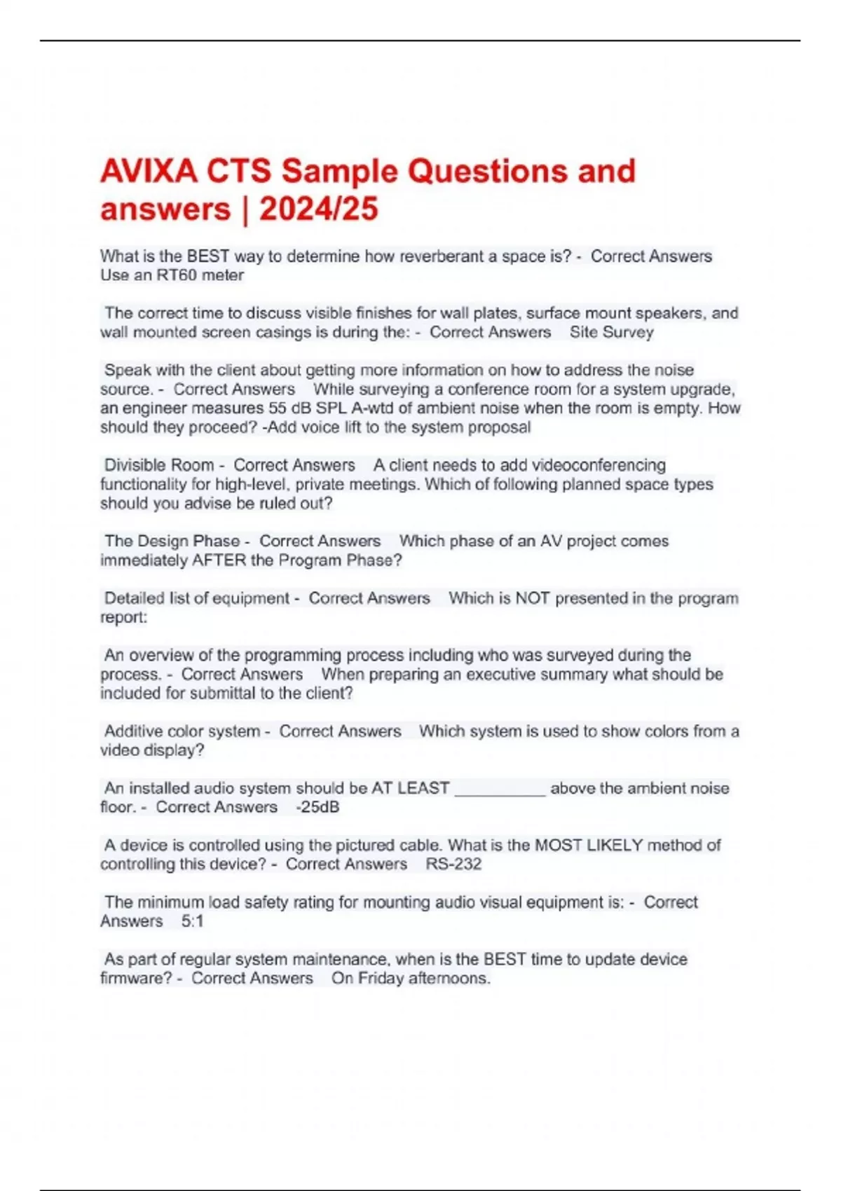 Sample Cts Question AVIXA CTS Sample Questions and answers | 2024/25 - AVIXA CTS - Stuvia US