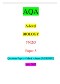 AQA A-level BIOLOGY 7402/3 Paper 3 Question Paper + Mark scheme [MERGED] June 2022