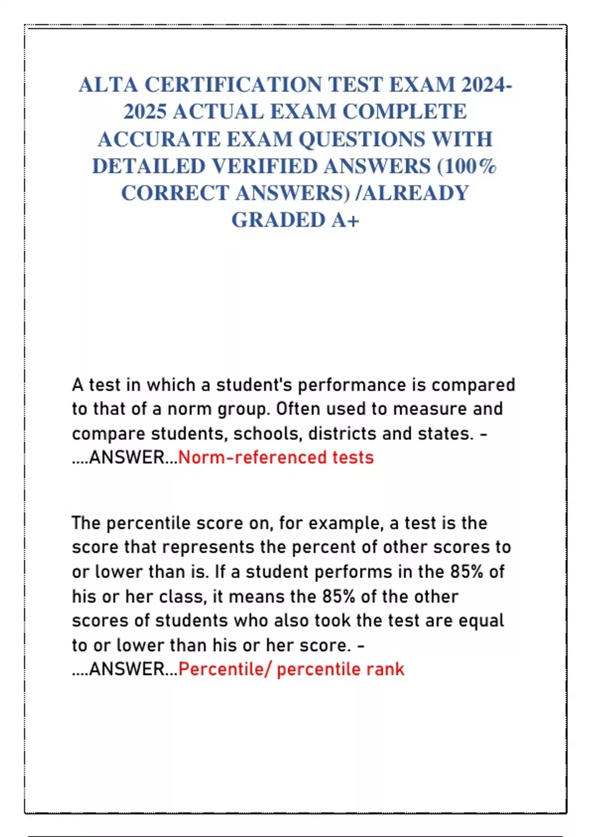 ALTA CERTIFICATION TEST EXAM ACTUAL EXAM COMPLETE ACCURATE EXAM ...