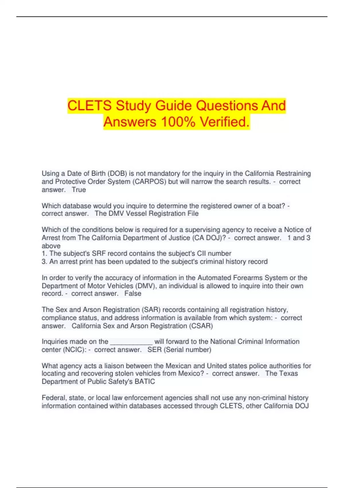 CLETS Study Guide Questions And Answers 100% Verified. - CLETS - Stuvia US