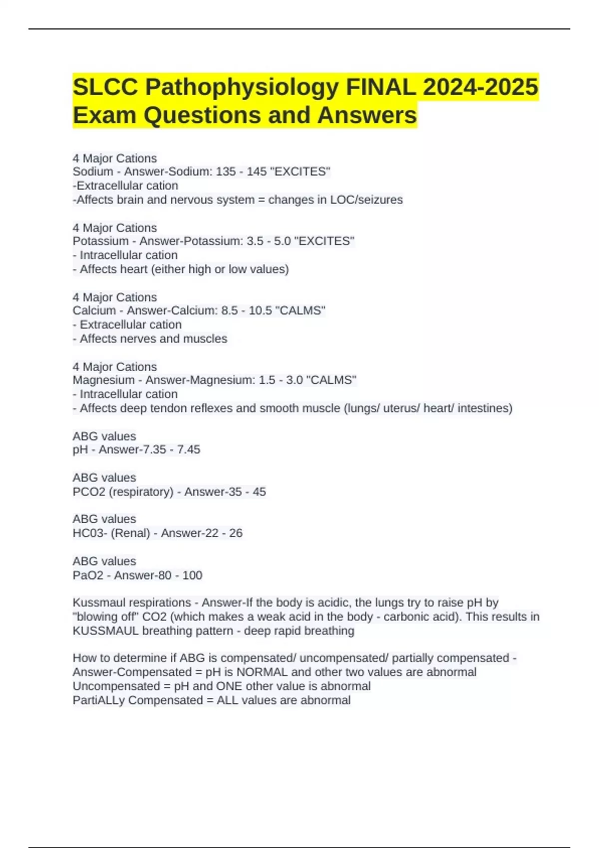 SLCC Pathophysiology FINAL Exam Questions and Answers - SLCC - Stuvia US