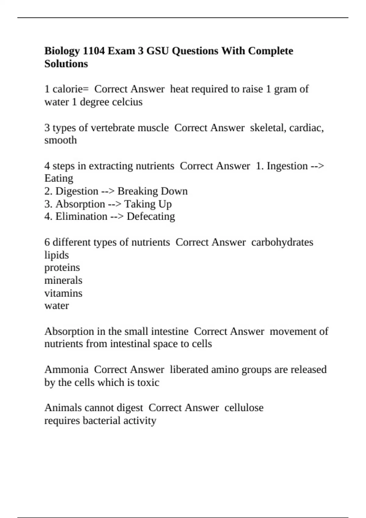 Biology 1104 Exam 3 GSU Questions With Complete Solutions Biol 1104