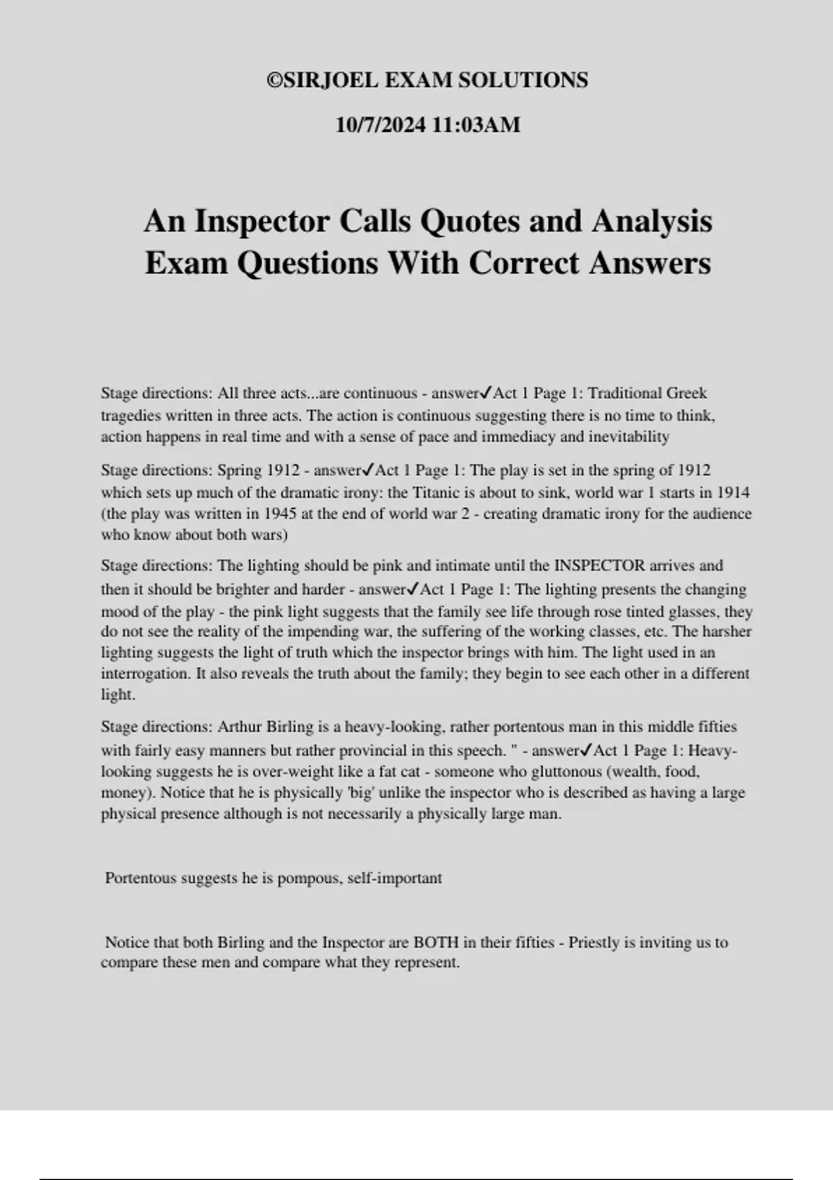 An Inspector Calls Quotes and Analysis Exam Questions With Correct ...