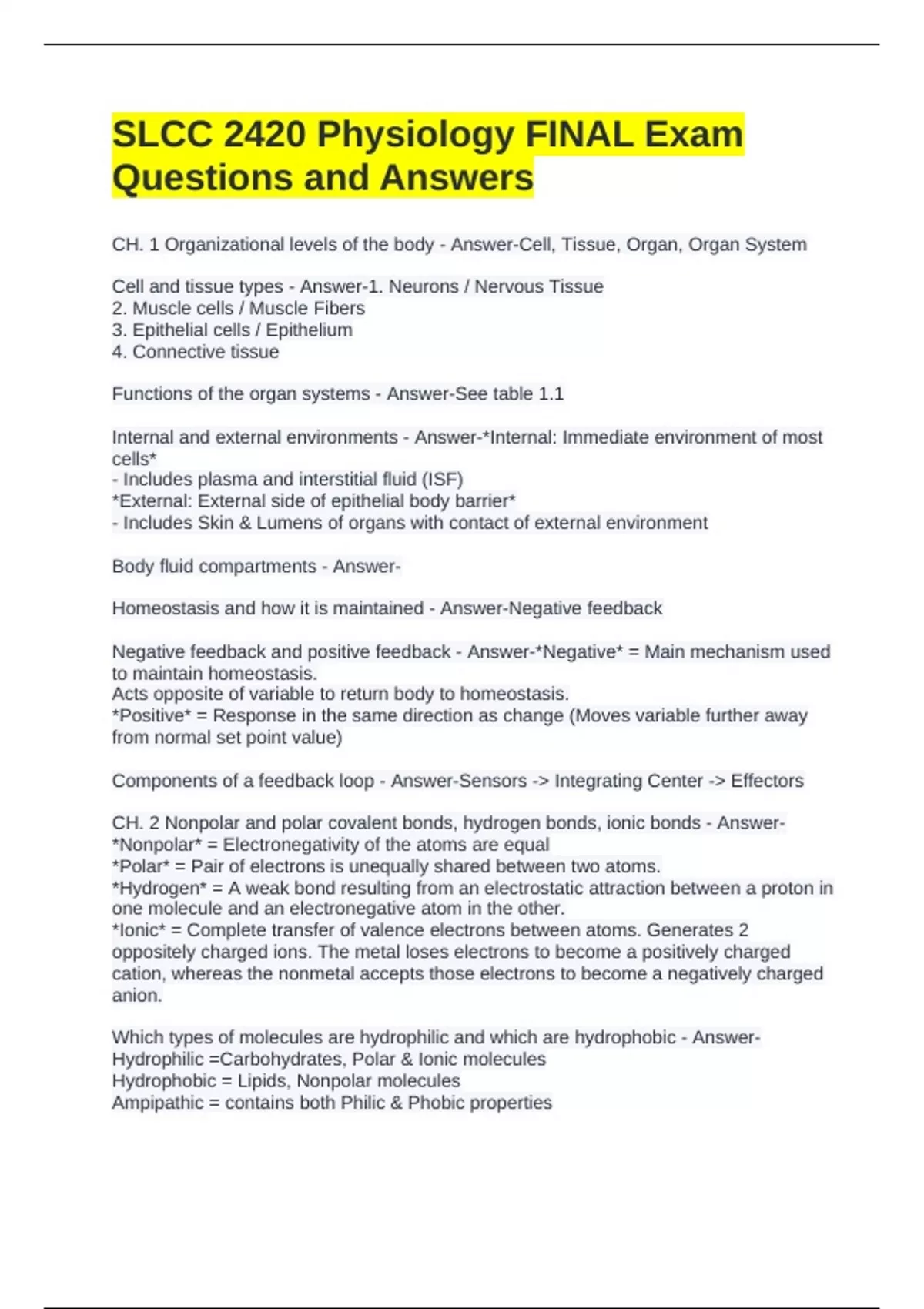 SLCC 2420 Physiology FINAL Exam Questions and Answers - SLCC - Stuvia US