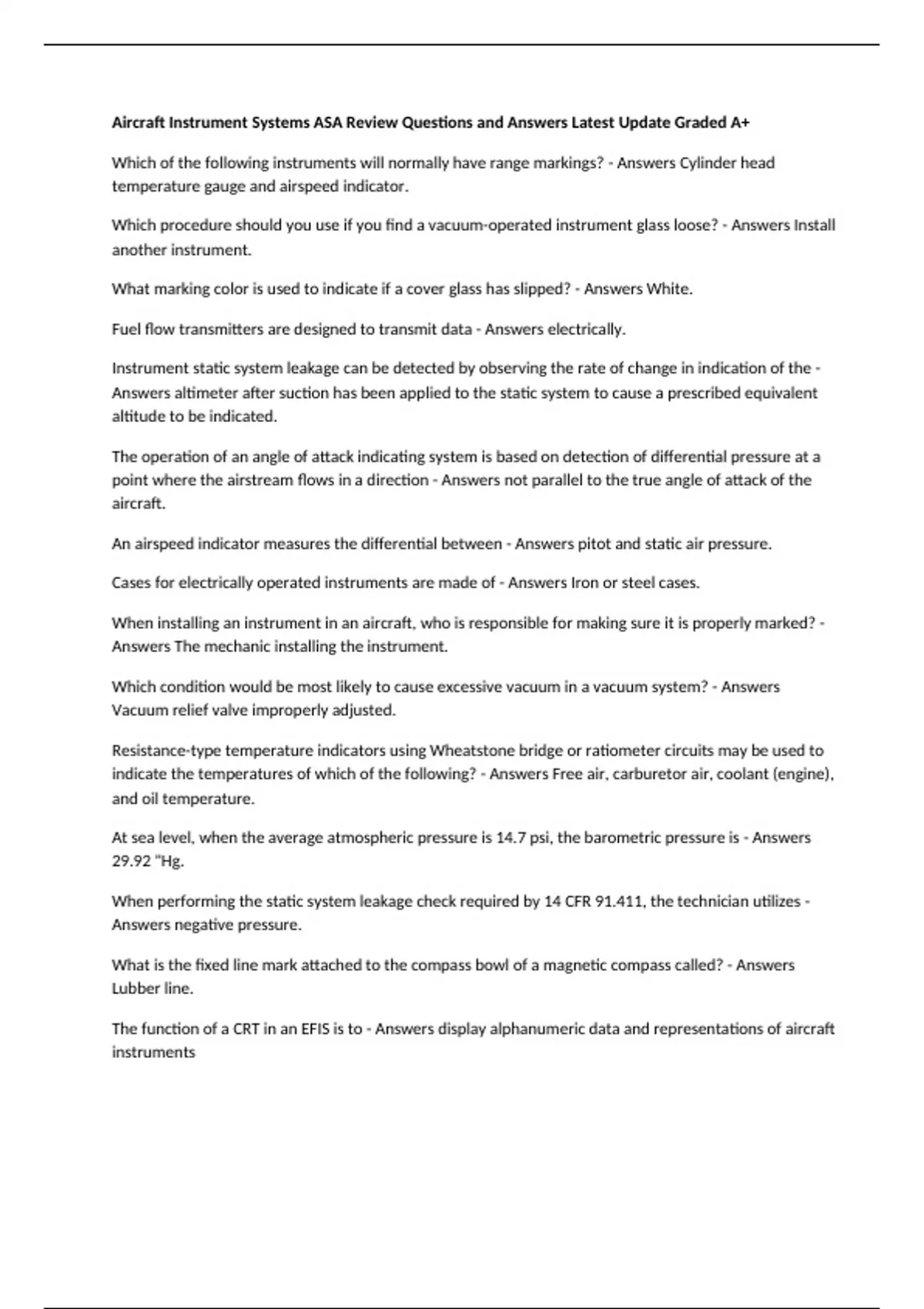 Aircraft Instrument Systems ASA Review Questions and Answers Latest ...