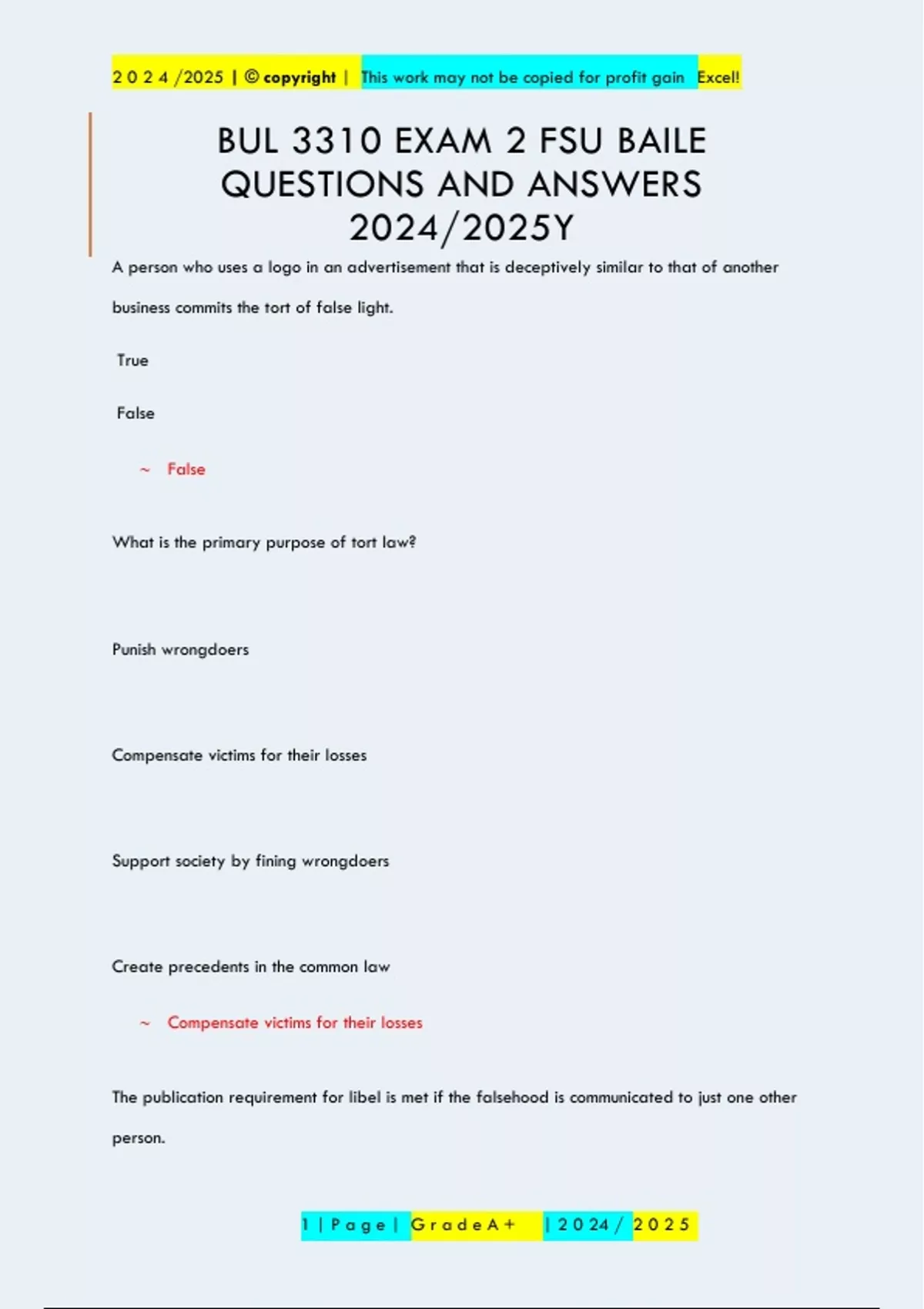 BUL 3310 EXAM 2 FSU BAILEY QUESTIONS AND ANSWERS 2024/2025 - BUL 3310 ...
