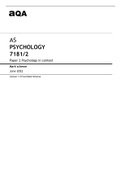 aqa AS PSYCHOLOGY (7181/2) Paper 2 Psychology in context : Final Mark Scheme June 2022 & Question Paper.
