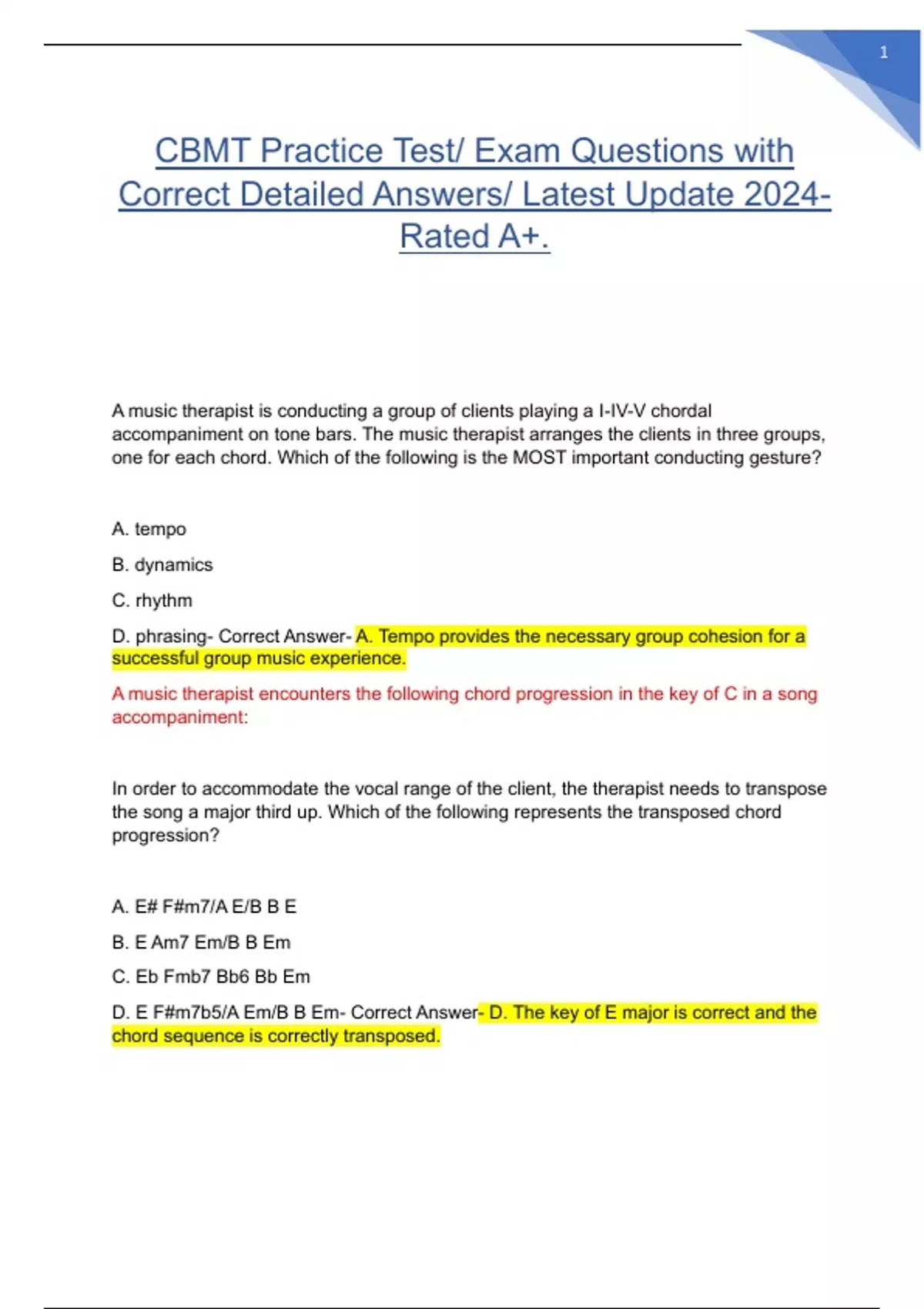 CBMT EXAM AND PRACTICE EXAM LATEST 2024/2025 TEST BANK| CERTIFICATION BOARD FOR MUSIC THERAPISTS ...