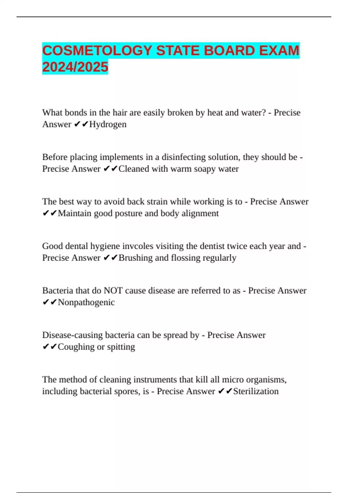 COSMETOLOGY STATE BOARD EXAM 2024/2025 COSMETOLOGY STATE BOARD