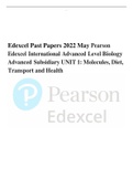 Edexcel Past Papers 2022 May Pearson Edexcel International Advanced Level Biology Advanced Subsidiary UNIT 1: Molecules, Diet, Transport and Health
