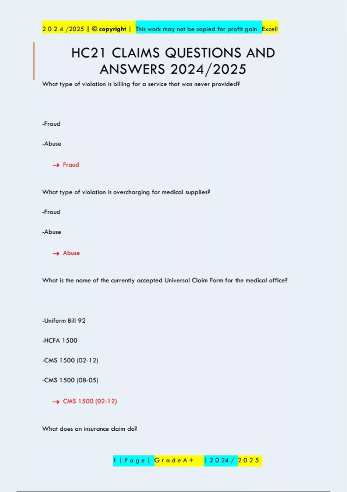 Hc21 Form Example HC21 CLAIMS QUESTIONS AND ANSWERS 2024/2025 - HC 21 - Stuvia US