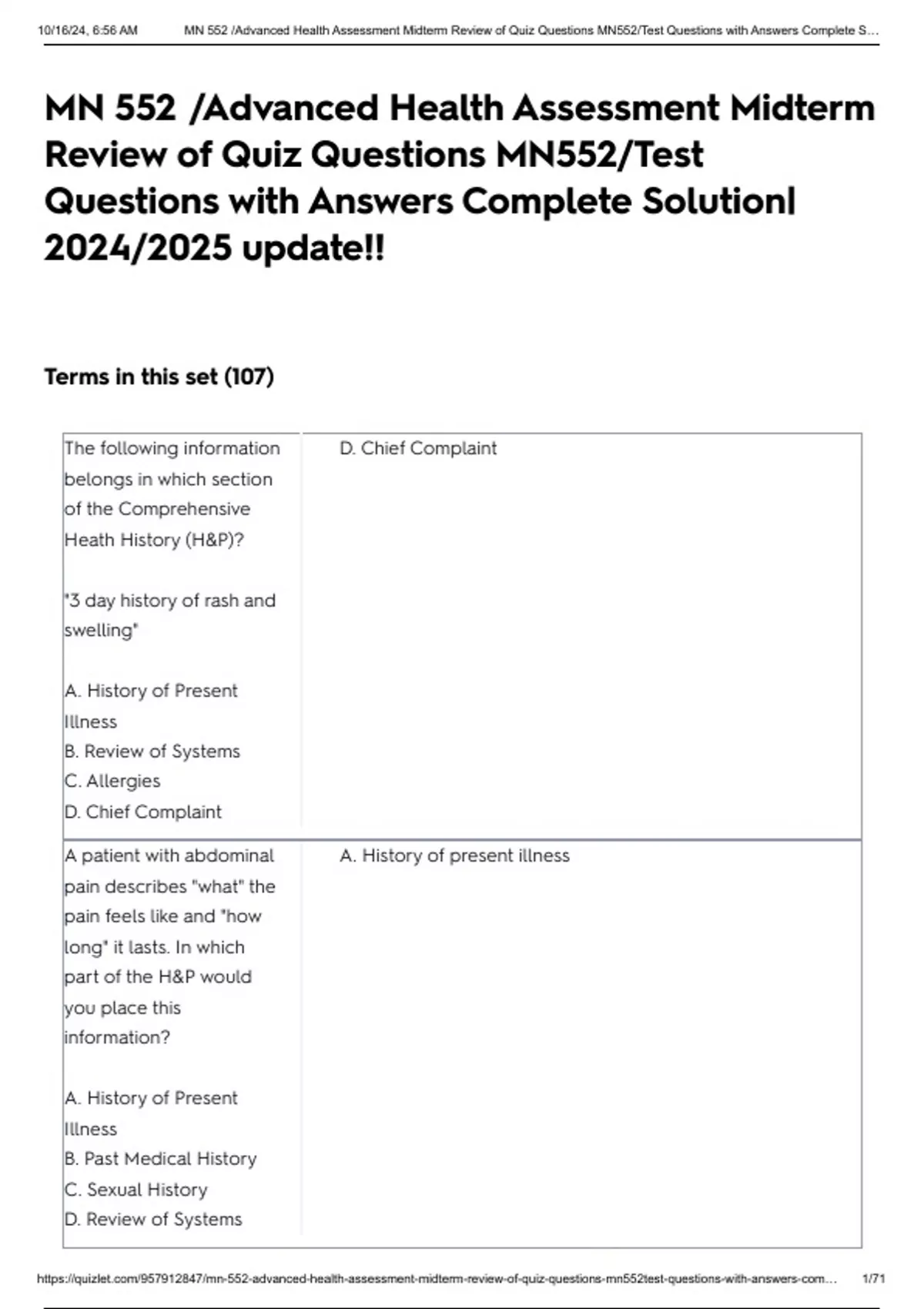 Questions Mn MN 552 /Advanced Health Assessment Midterm Review of Quiz Questions ...