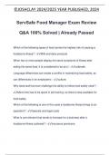 ServSafe Food Manager Exam Review Q&A 100&percnt; Solved &vert; Already Passed