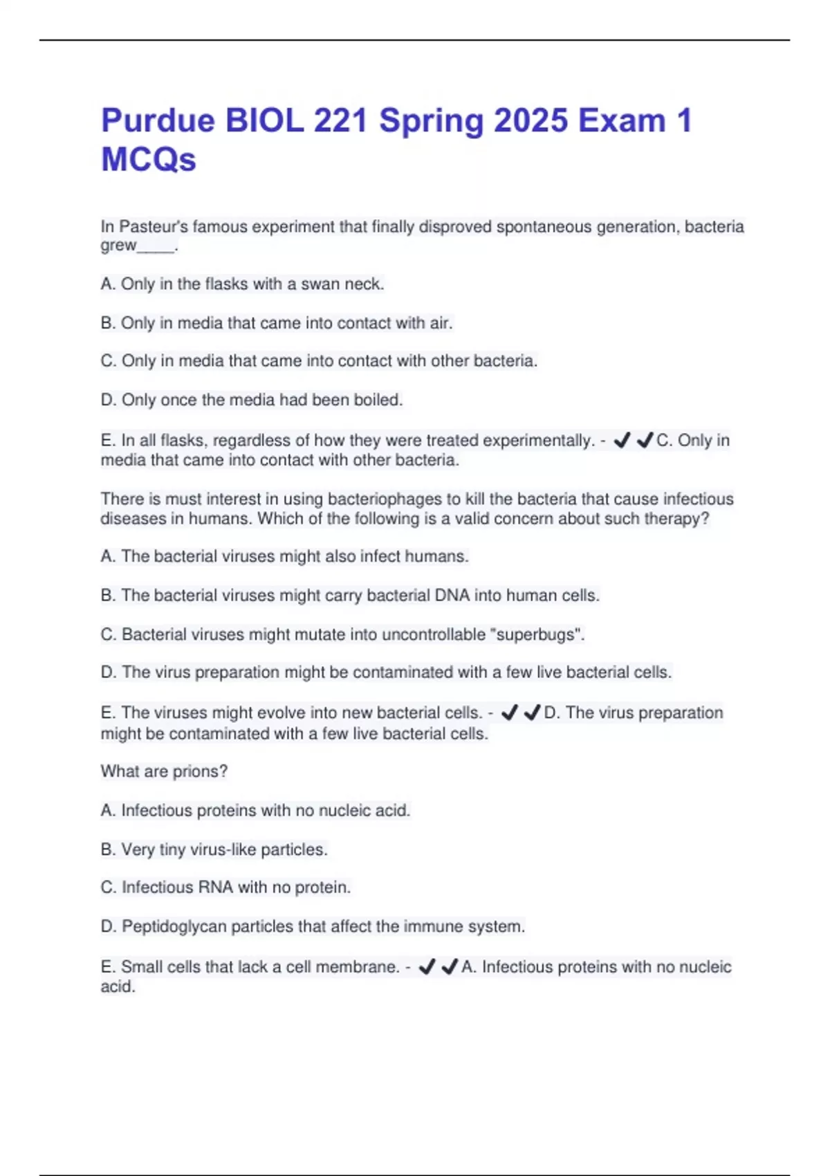 Purdue BIOL 221 Spring 2025 Exam 1 MCQs Questions And Answers Rated 100 ...