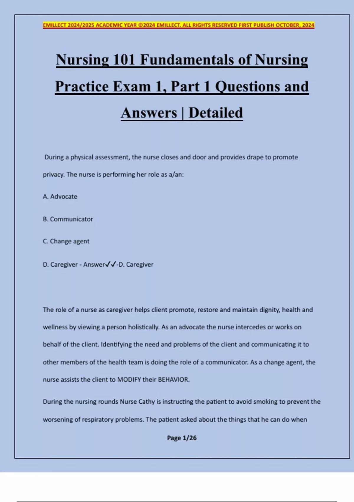 Nursing 101 Fundamentals of Nursing Practice Exam 1, Part 1 Questions ...