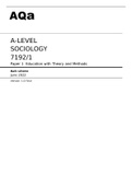 aqa A-LEVEL SOCIOLOGY (7192/1) Paper 1 Education with Theory and Methods - June 2022 CORRECT Mark scheme.