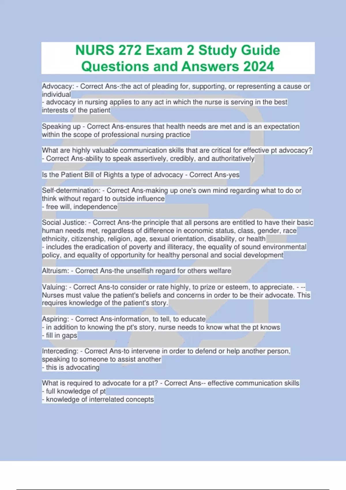 NURS 272 Exam 2 Study Guide Questions and Answers 2024 - NURS 272 ...