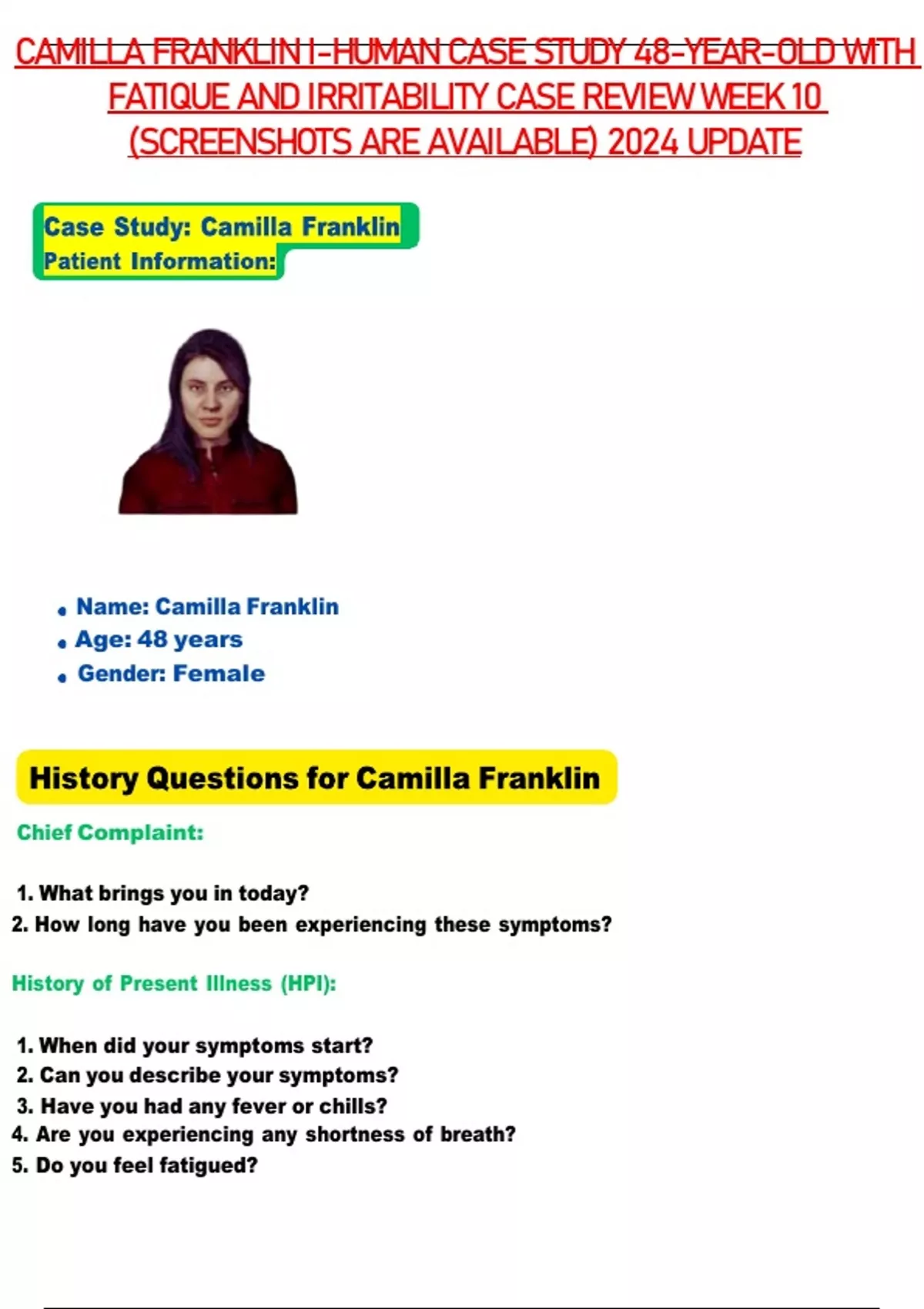 IHUMAN CAMILLA FRANKLIN, A 48YEAROLD FEMALE iHuman Case 2024
