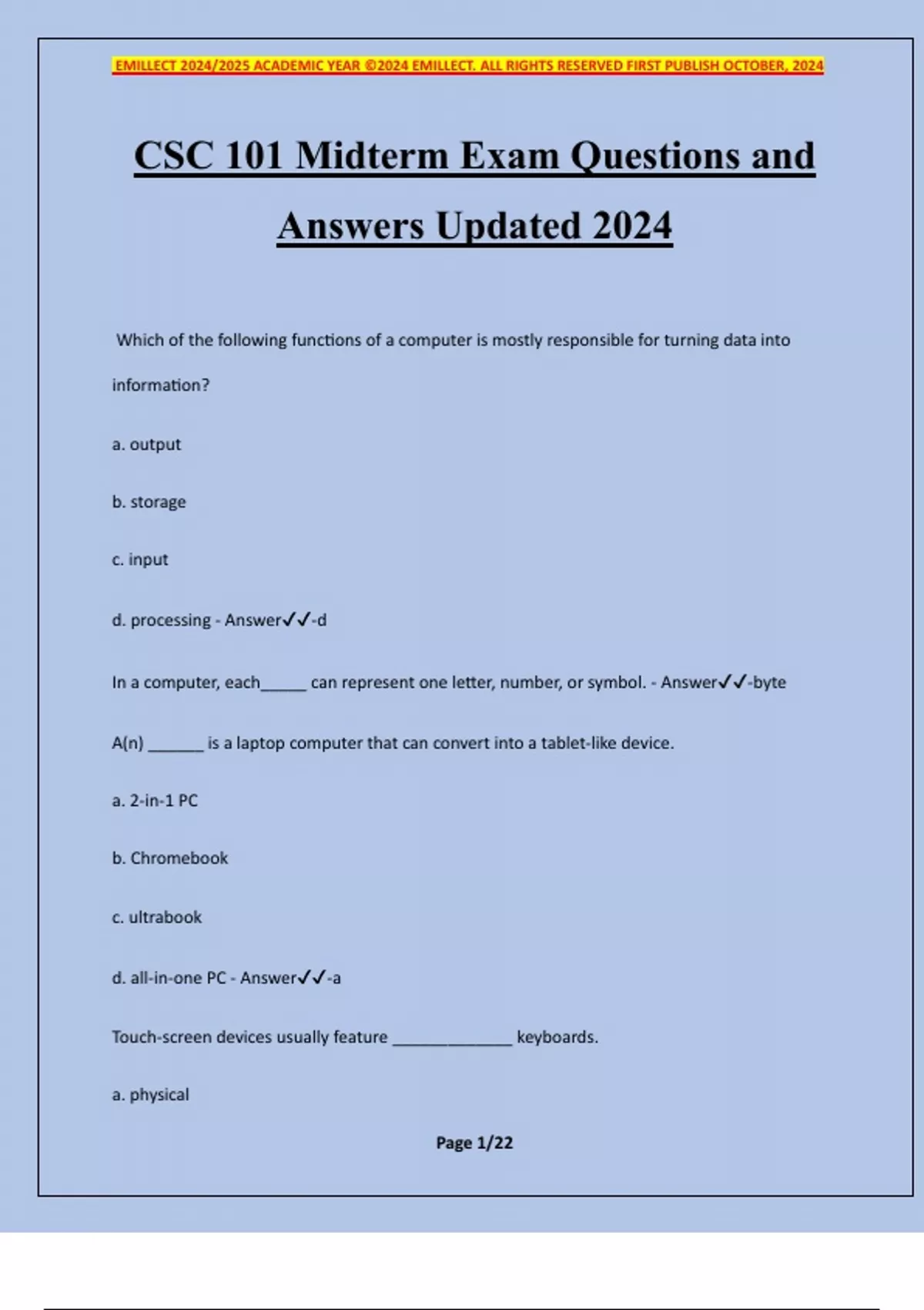CSC 101 Midterm Exam Questions and Answers Updated 2024 - 2024/2025 ...