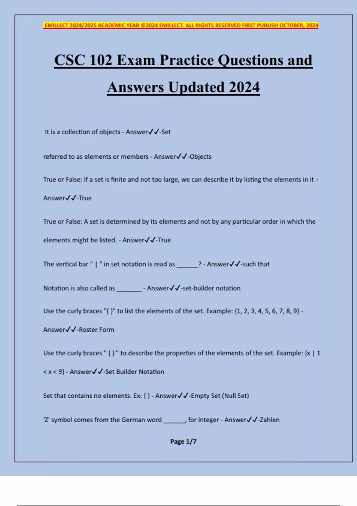 Sample Csc Exam Questions Math CSC 102 Exam Practice Questions and Answers Updated 2024 - 2024/2025 ...