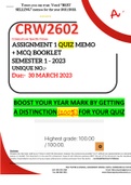 CRW2602 ASSIGNMENT 1 QUIZ MEMO - SEMESTER 1 - 2023 - UNISA - (INCLUDES MCQ BOOKLET WITH ANSWERS - DISTINCTION GUARANTEED)