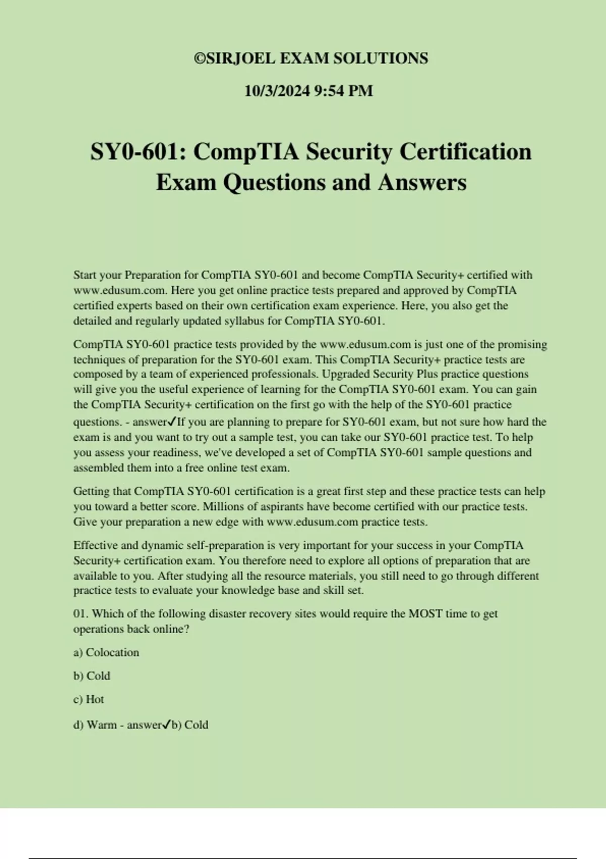SY0-601: CompTIA Security Certification Exam Questions and Answers ...